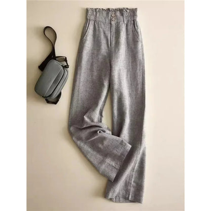 Grey Linen Wide Leg Pants Women's High Waist Drapey Loose Casual Cotton Linen Pants Flower Bud Waist Flax Straight Long Pants