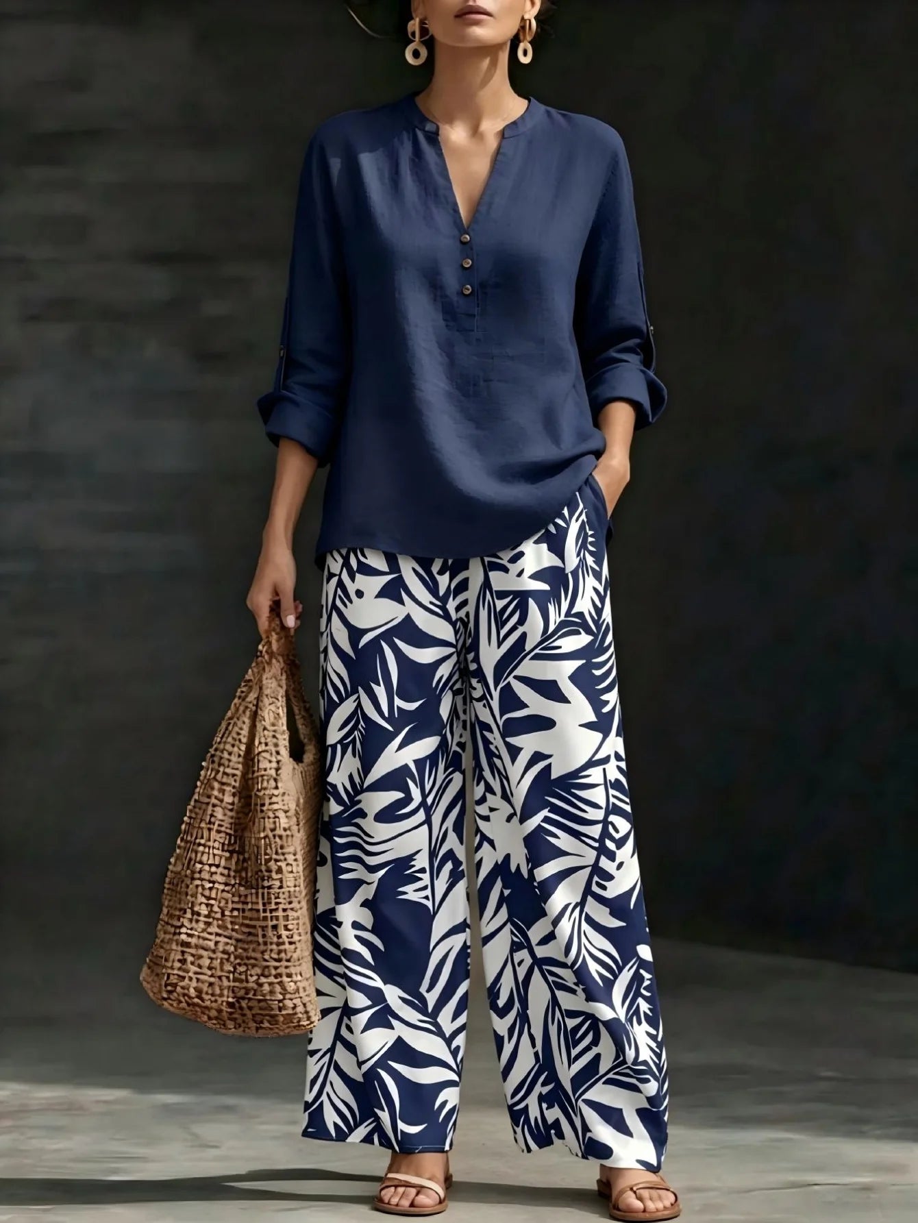 Women 2 Piece Outfit Notched V‑Neck Button Blouse Top Leaf Print Elastic Waist Wide Leg Pants Set Casual Holiday Boho Vacation Outfit With Pockets