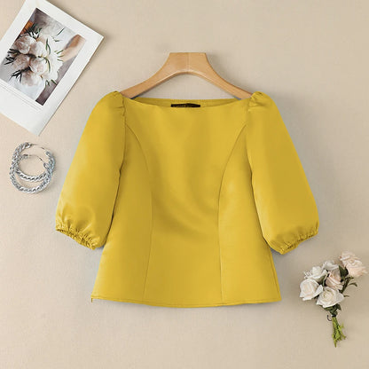 ZANZEA Woman Elegant Satin Blouses Boat Neck Puff Sleeves Princess Seams Solid Color Crop Tops Summer Graceful Party Blusa Mujer