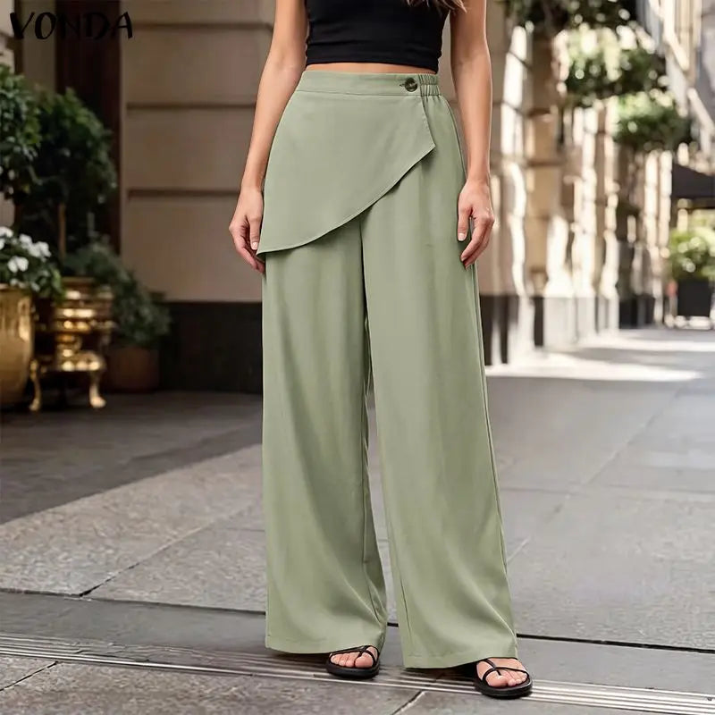 VONDA Streetwear Women Wide Leg Pants Asymmetrical Elastic Waist Trousers Casual Summer Holiday Solid Plus Size Pants Oversize