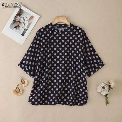 ZANZEA Summer Woman Polka Dot Blouses Vintage Mandarin Collar Half Sleeve Loose Tops Casual Daily Cotton Linen Blusas de Mujer