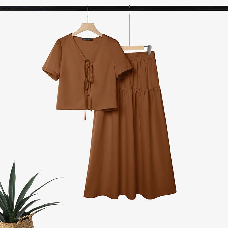 ZANZEA Summer 2PCS Outfits Stylish V Neck Short Sleeve Blouse Dress Sets Casual A Line Skirt Suit Elegant Women 2 Pieces Sets