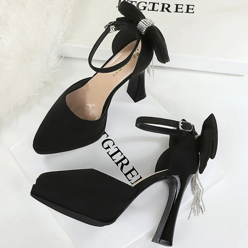 BIGTREE Shoes Suede Ultra High Heels 11.5 CM Bowknot Design Women Pumps Platform High-heeled Sandals Women Chunky Heel Shoes