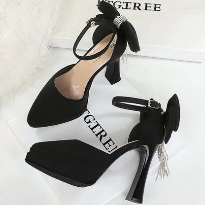 BIGTREE Shoes Suede Ultra High Heels 11.5 CM Bowknot Design Women Pumps Platform High-heeled Sandals Women Chunky Heel Shoes
