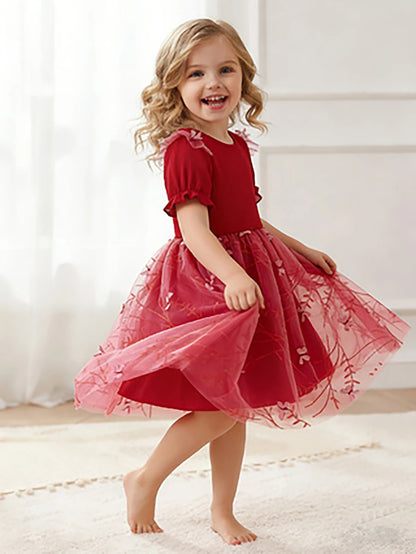 Girls' Red Butterfly Embroidery Tulle Princess Dress, Summer Puff Sleeve Dress