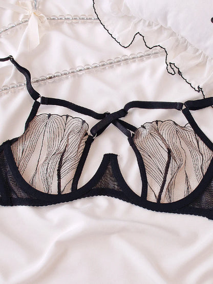 Cross Mesh Eyelash Lingerie Women Lace Steel Bra Hollow Out Underwear Set Deep V Push Up Bras underpant set