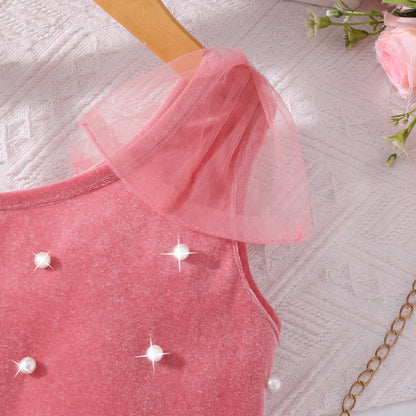 Pink One-Shoulder Tulle Dress for Girls - Spaghetti Strap, Pearl Bow, Romantic Cute