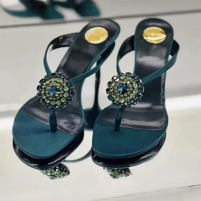 Luxury CRYSTAL Flower Decoration Clip Toe Slippers Women Sexy Slide Sandals Elegant Banquet Thin High Heels Designer Flip Flops