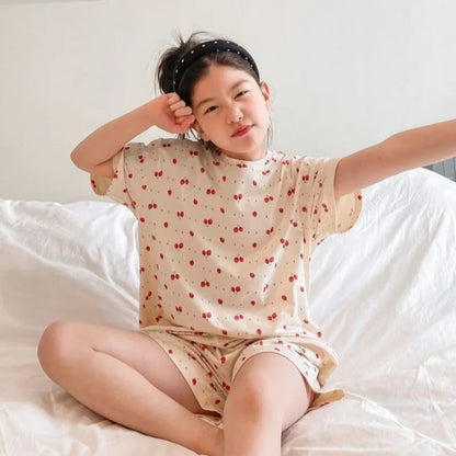 Girls Summer Cooling Lightweight Two-Piece Pajamas Set Short Sleeve Shorts Homewear