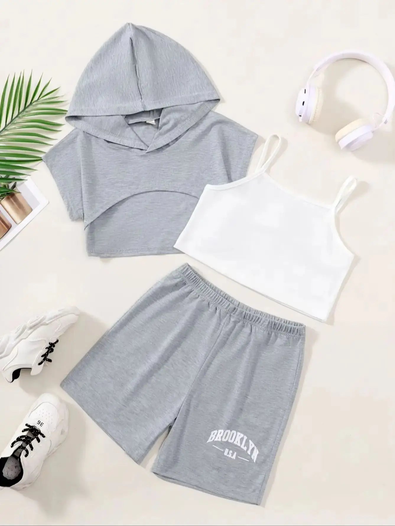 Girls Casual Hoodie + Tank Top And Shorts Three-Piece Set Summer Children's Fashion Comfortable Versatile Outfit for Leisure
