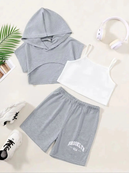 Girls Casual Hoodie + Tank Top And Shorts Three-Piece Set Summer Children's Fashion Comfortable Versatile Outfit for Leisure