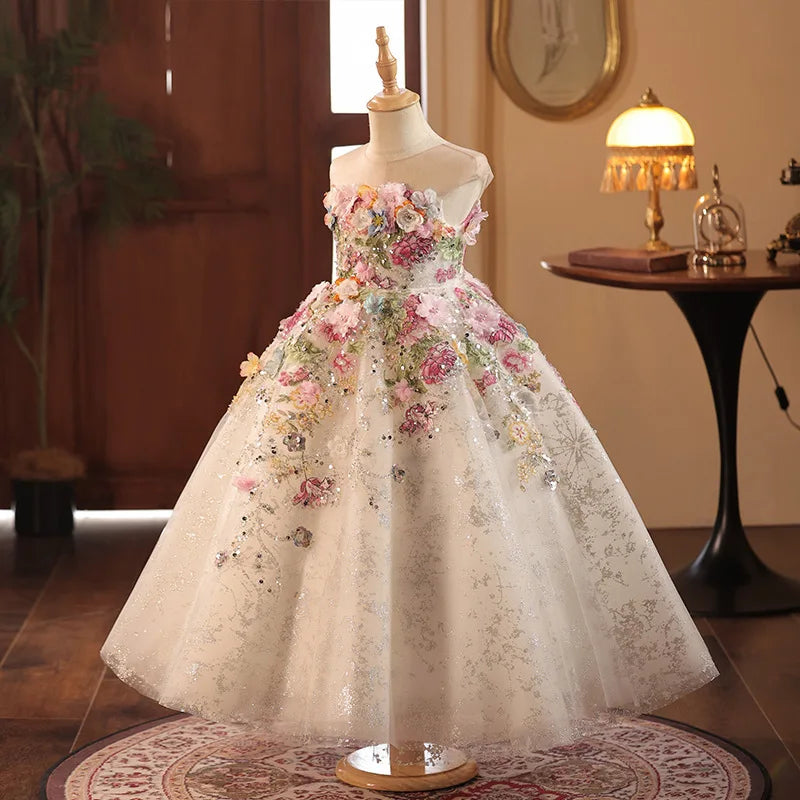 Girls' High-End French Style Forest Series Flower Little Host Walk Show Piano Performance Birthday  Party Princess Dress