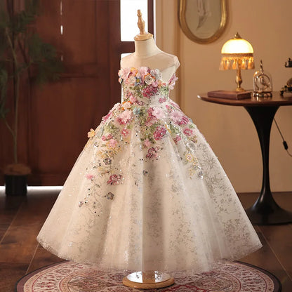 Girls' High-End French Style Forest Series Flower Little Host Walk Show Piano Performance Birthday  Party Princess Dress