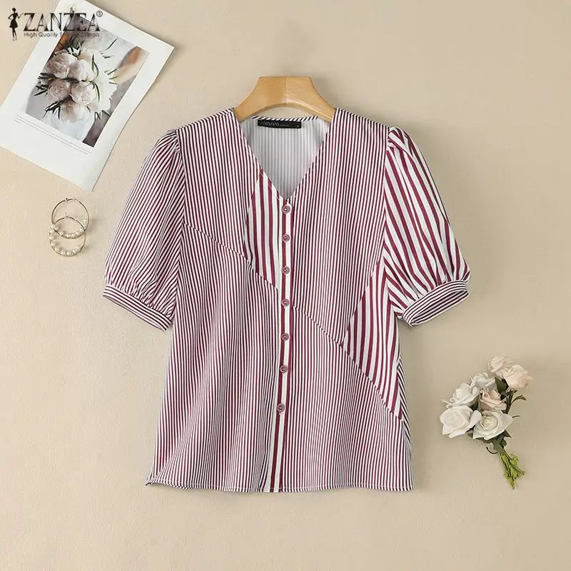 ZANZEA 2026 Woman Striped Patchwork Button Up Shirts V-Neck Half Puff Sleeve Blouses Summer Daily Casual Commute Camisas Mujer