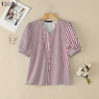 ZANZEA 2026 Woman Striped Patchwork Button Up Shirts V-Neck Half Puff Sleeve Blouses Summer Daily Casual Commute Camisas Mujer
