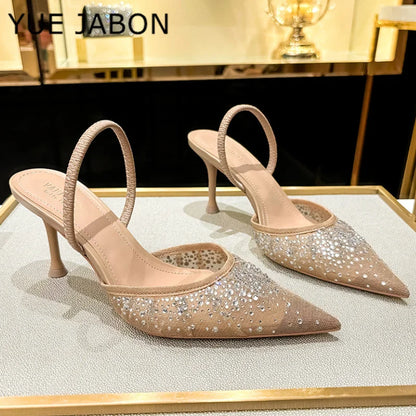 Nude Summer Women's Sandals Rhinestone Bright Mesh High Heels Footwear Elegant Slingback Pointed Slip on Party Lady Pumps Shoes