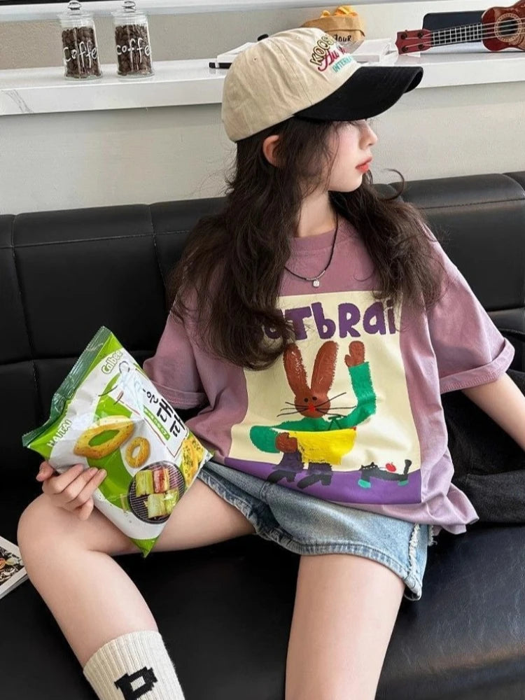 Girls Summer T-Shirt Short Sleeve 100% Cotton Kids Casual Tee 2026 New Stylish Cool Design for Big Girls Hot Weather Wear