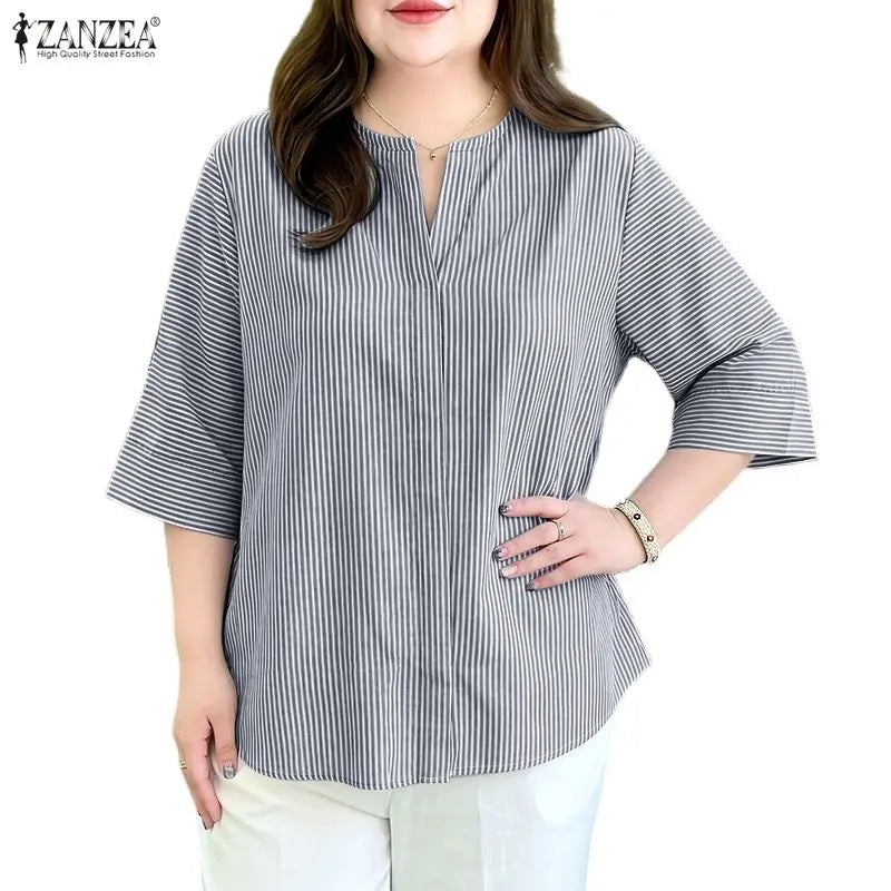 ZANZEA 2026 Summer Women Loose Striped Blouses V-Neck 3/4 Sleeve Pullover Tops Daily Casual Day to Night Blusas de Mujer