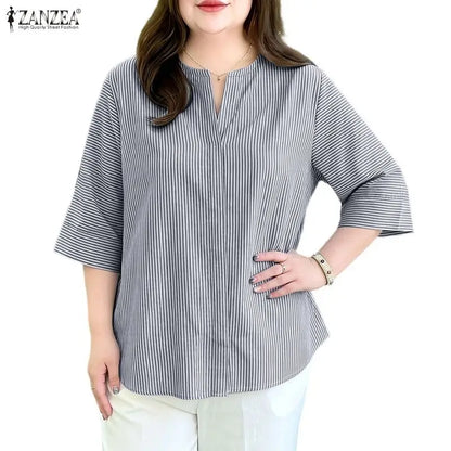 ZANZEA 2026 Summer Women Loose Striped Blouses V-Neck 3/4 Sleeve Pullover Tops Daily Casual Day to Night Blusas de Mujer