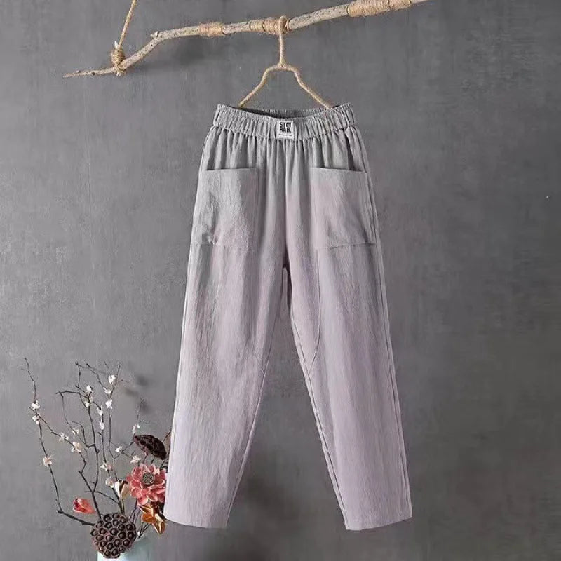 Women's Soft Cotton Linen Pants with Pockets Casual Solid Color Straight 4 Points Pants Fashion Loose Versatile Harem Pants