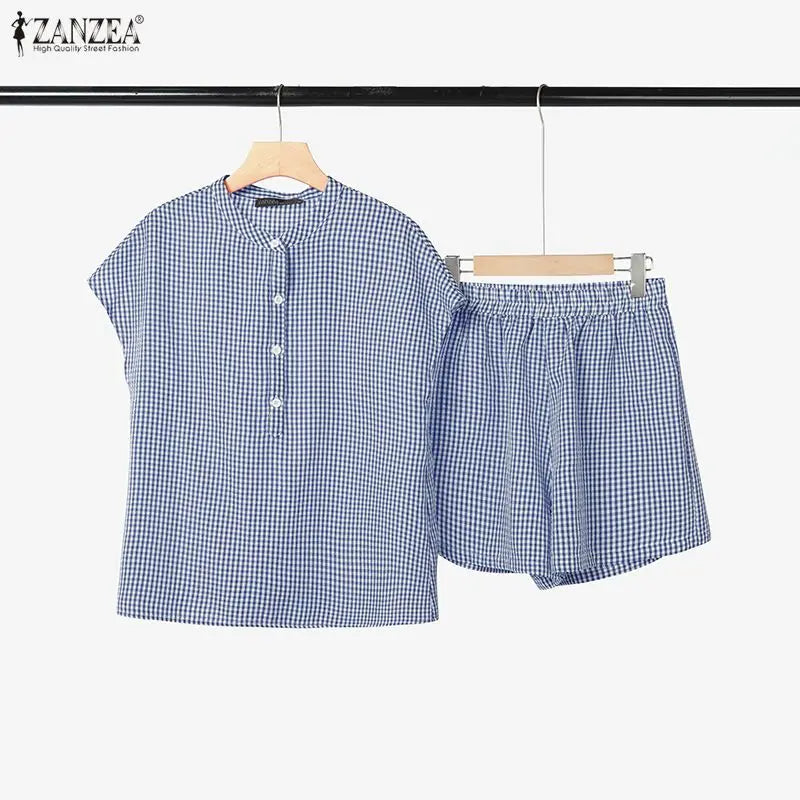 2026 ZANZEA Fashion Summer 2 Piece Sets Women Short Sleeve Plaid Blouse Short Sets Holiday Tracksuit Casual Work Outfit Oversize