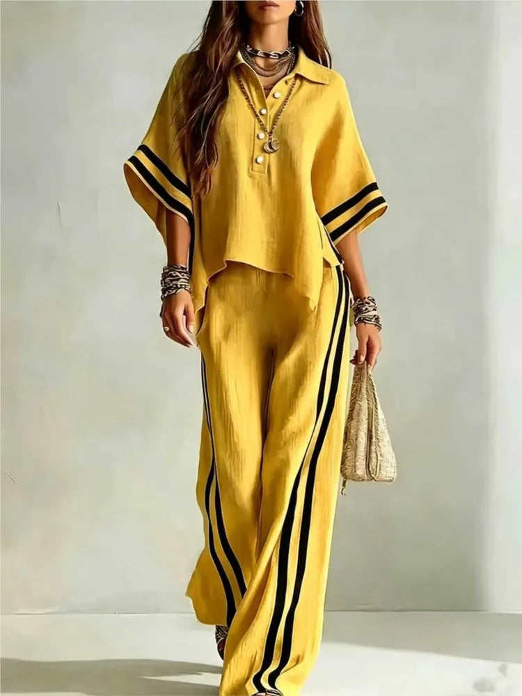 Spring Summer Women Short Sleeve Lapel Shirts Tops + Loose Striped Pants Female Casual Two-piece Clothing Set Casual Holiday Set