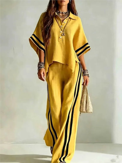 Spring Summer Women Short Sleeve Lapel Shirts Tops + Loose Striped Pants Female Casual Two-piece Clothing Set Casual Holiday Set