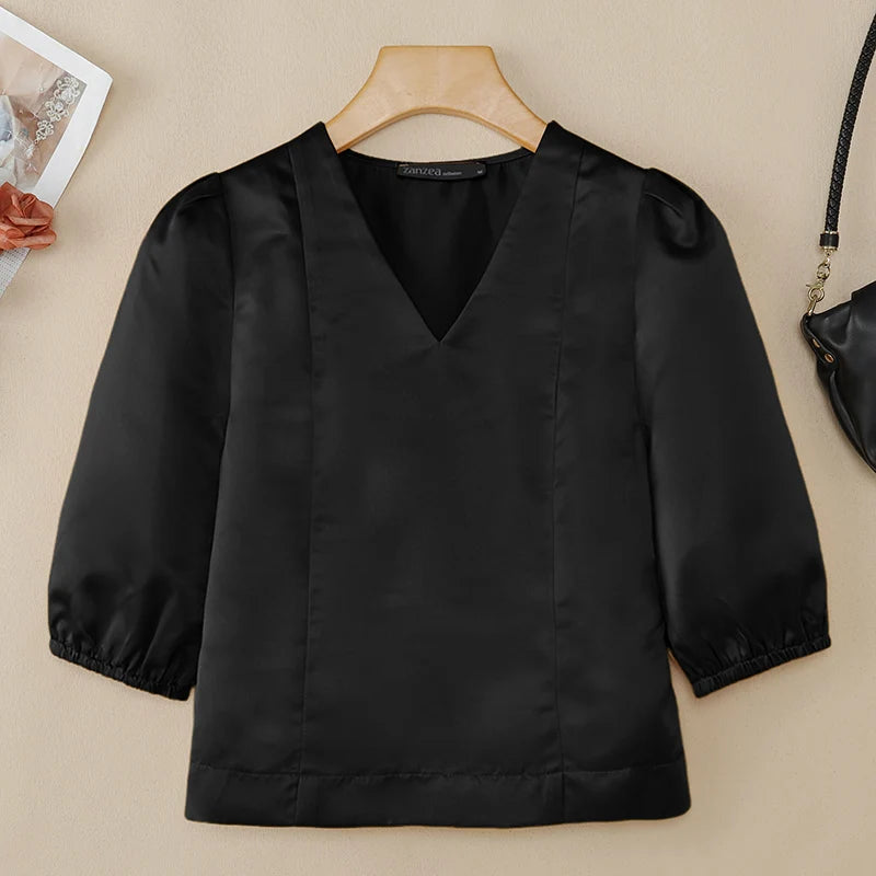 ZANZEA Women's Elegant Satin Short Blouses Summer 3/4 Lantern Sleeves V-Neck Tops Sophisticated Solid Color Blusas de Mujer