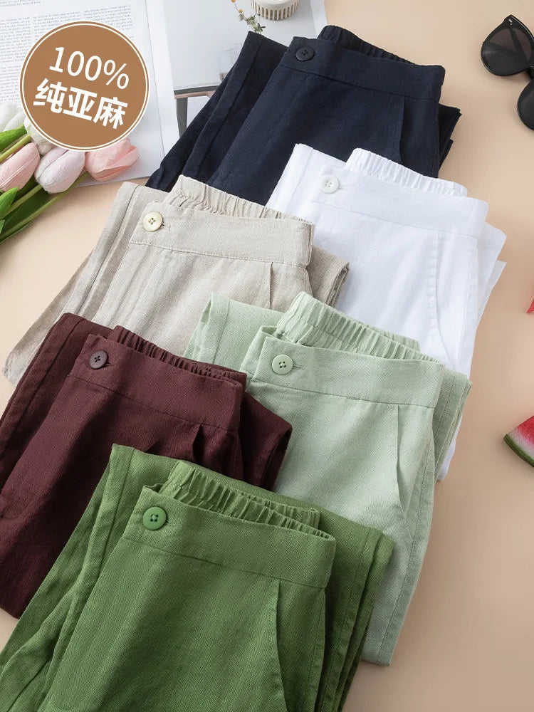Women's 100% Pure Linen Wide-Leg Pants Loose Drape Ankle Length Summer Thin Straight-Cut Casual Trousers