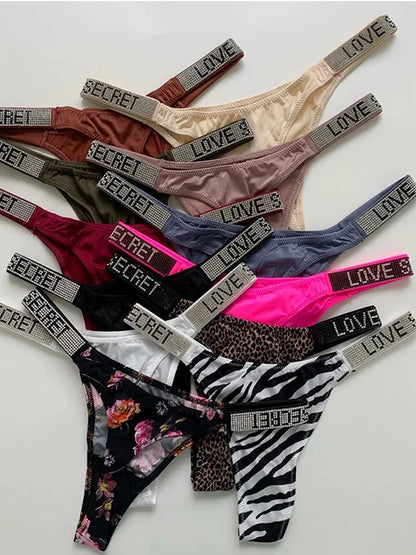 Comfort Ice Silk Seamless Panties Women G String Sexy Rhinestone Leopard Underwear Cotton Low Waist Fitness Lingerie T Thongs