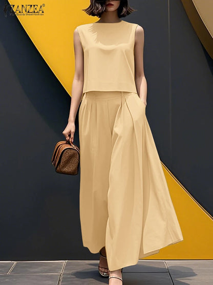 ZANZEA Woman Fashion 2-Pieces Sets Summer Sleeveless Crop Tops & Wide Leg Pants 2pcs Suits Outfit Elegant Casual Loose Pant Sets