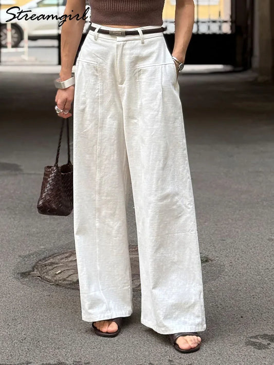 Summer White Pants For Women Cotton Formal High Waist Wide Leg Trousers Ladies Elegant Summer Women's Pants Straight Leg Office