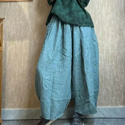 New 2026 Spring Summer Arts Style Women Elastic Waist Loose Vintage Ankle-length Pants High Quality Cotton Linen Wide Leg Pants