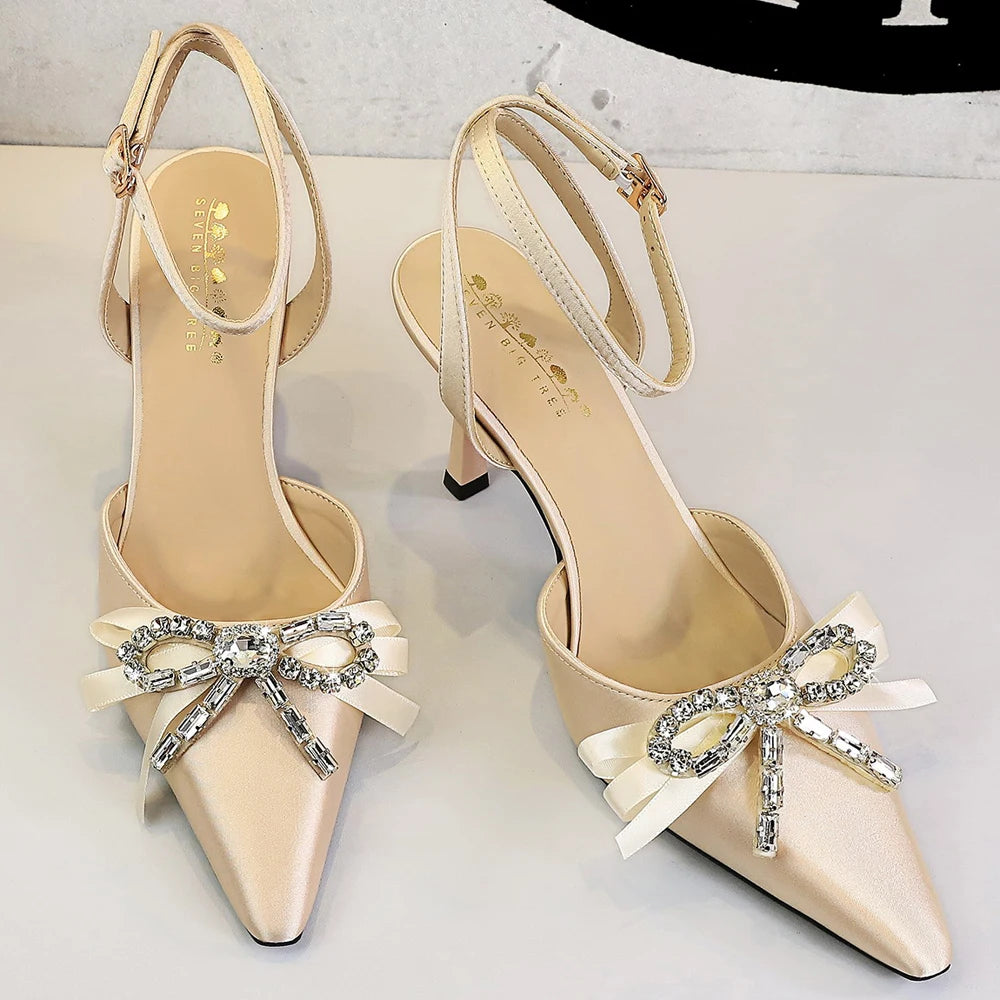 BIGTREE Shoes Summer Women Pumps Rhinestone Ribbon Bowknot High Heels Stilettos 8 cm High-Heeled Sandals Luxury Banquet Shoes