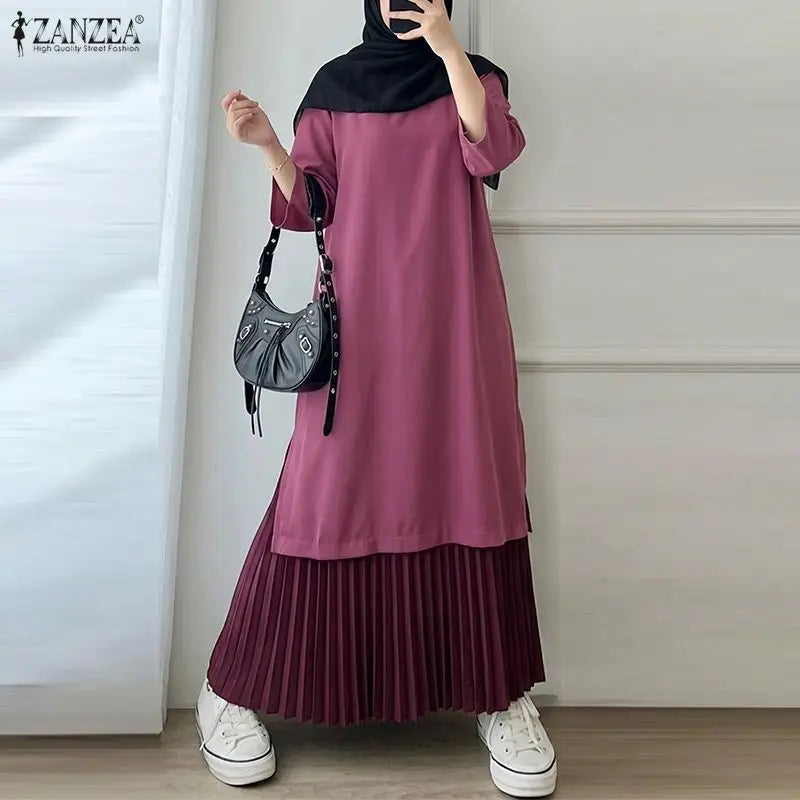 Women Patchwork Muslim Abaya Dress ZANZEA Summer Maxi Long Dress Ramadan Robe Fashion O Neck Long Sleeve Pleated Sundress Kaftan