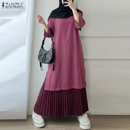 Women Patchwork Muslim Abaya Dress ZANZEA Summer Maxi Long Dress Ramadan Robe Fashion O Neck Long Sleeve Pleated Sundress Kaftan