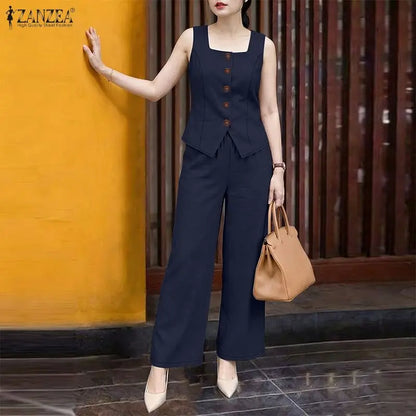 ZANZEA Women Summer Matching Pant Sets Square Neck Vests & Elastic Waist Pants 2 Piece Suits Casual Office Work Commute Outfits