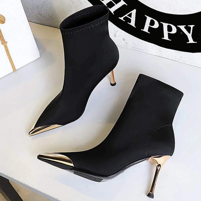 BIGTREE Shoes Metal Pointed Short Boots Women Fashion Elastic Boots Stiletto 8 cm High Heel Boots Ladies Shoes Banquet Shoes