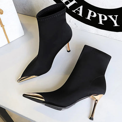 BIGTREE Shoes Metal Pointed Short Boots Women Fashion Elastic Boots Stiletto 8 cm High Heel Boots Ladies Shoes Banquet Shoes