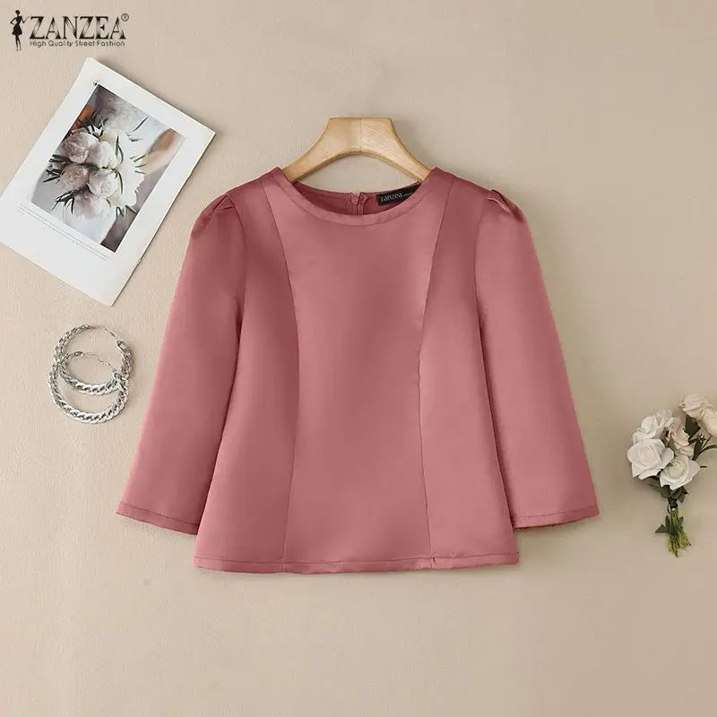 ZANZEA Women's Elegant Satin Blouses Retro O-Neck 3/4 Sleeve Back Zipper Slit-Fit Short Tops 2026 Spring Summer Woman Clothes