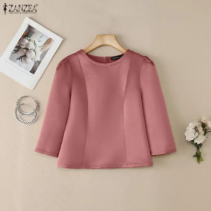 ZANZEA Women's Elegant Satin Blouses Retro O-Neck 3/4 Sleeve Back Zipper Slit-Fit Short Tops 2026 Spring Summer Woman Clothes