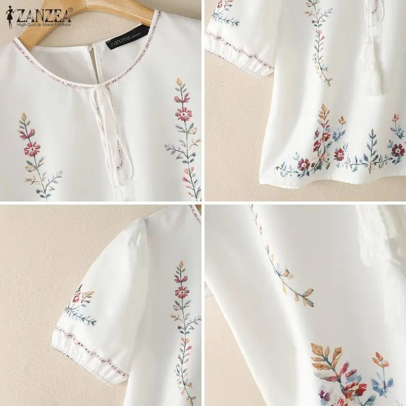 ZANZEA Fashion Summer Blouses Casual Short Sleeve Blusas Women Blouse Floral Print Tops OL Work Party Tunic Streetwear Oversize