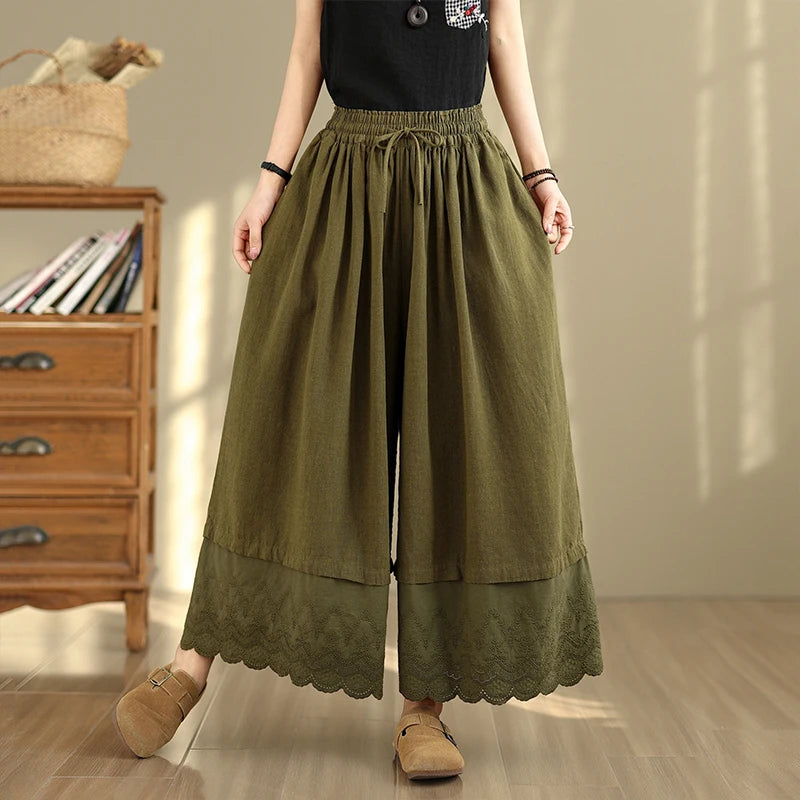 Spring Summer Lace Splicing  Color Wide Leg Pants Elastic Waist Casual Trousers Nine Points Pants Loose Fit Ladies Jeans