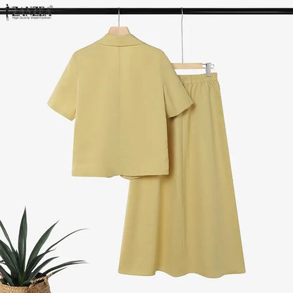 ZANZEA Women Elegant Chic Matching Skirt Sets Lapel Collar Short Sleeve Tops & A-Line Maxi Skirts 2pcs Suits Office Wear Outfits