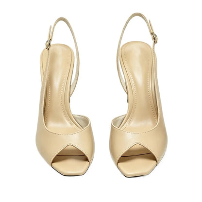 Nude Soft Leather Pu Heeled Sandals Women Fashion Asymmetric Design Style Slingback High Heels for Ladies Elegant Women Shoes