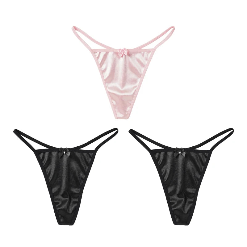 1/3Pcs Women Satin Thong Underwear Sexy Low Waist Bow G-string Cotton Crotch T-back Panties M-2XL