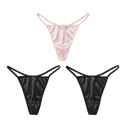 1/3Pcs Women Satin Thong Underwear Sexy Low Waist Bow G-string Cotton Crotch T-back Panties M-2XL