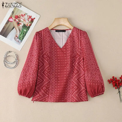 ZANZEA Woman Vintage Ethnic Print Blouses V-Neck 3/4 Lantern Sleeve Princess Seam Short Tops Summer Side Zipper Blusas de Mujer