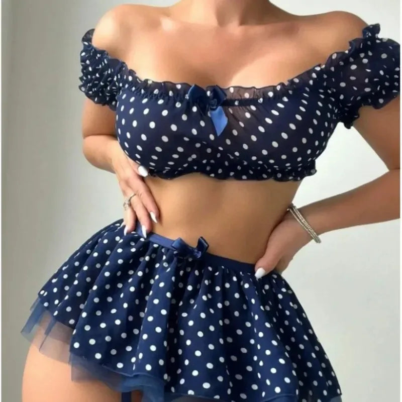 Women's Sexy Polka Dot 2 Piece Lingerie Set, Off Shoulder Mesh Tulle Skirt with Garter Straps for Nightwear