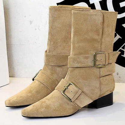 BIGTREE Shoes 2026 New Women Western Boot Retro Mid-Calf Boots Square Head Belt Buckle Women Boots Suede Thick Heel Autumn Boots